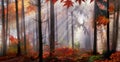 Magical autumn scenery in a misty forest