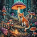 Magical Baby Fox in a Clearing Surrounded by Tall Flying Mushrooms.