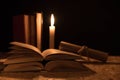 A magical ball, a scroll, a candle and an old book in the dark of the night Royalty Free Stock Photo