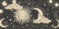 Magical banner for astrology, celestial alchemy. Heavenly art for the zodiac, tarot, device of the universe, crescent
