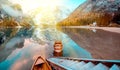 Magical beautiful fairy autumn landscape with boats on the lake