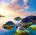 Magical beautiful inspiring, picturesque landscape with the sunrise at sea and stones in bright moss. Charming places