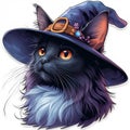 Magical black cat wearing a whimsical witch hat, looking enchanting. Royalty Free Stock Photo