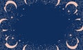 Magical blue background with moon and crescent moon, place for text. Banner with stars, cosmic pattern for boho design
