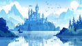 A magical blue castle perched on a rock at dawn. Modern cartoon mountain landscape with a magical castle, towers, forest