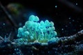 Magical blue glowing mushrooms on moss in forest at night. Magic mushrooms background Royalty Free Stock Photo