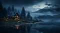 Magical Blue Hour: A Tranquil Cabin By The Misty Lake