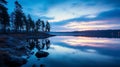 Magical Blue Hour: A Tranquil Lake Amidst Trees And Rocks