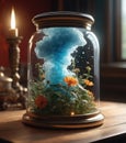 Magical blue smoke billows with the flowers in a closed jar