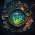 Magical boiling witch poison with blue, purple and green cubes in colorful liquid. Top view on iron pot with fluid