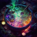 Magical boiling witch poison with blue, purple and green cubes in colorful liquid. Top view on iron pot with fluid