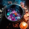 Magical boiling witch poison with blue, purple and green ice cubes, stones in container. Top view on iron pot with smoke