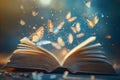 Magical book butterfly escape enchanted forest fantasy art whimsical atmosphere aerial view imagination unleashed