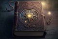 Magical book with glowing lights over pages on abstract background. Fantasy reading. Created with Generative AI