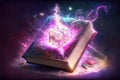 Magical book with glowing lights over pages on abstract background. Fantasy reading. Created with Generative AI