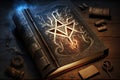 a magical book with runes, symbols, and other mysterious markings covering the cover.