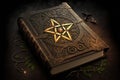 a magical book with runes, symbols, and other mysterious markings covering the cover.