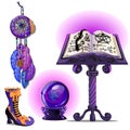 Magical book with spells and the pentagram, glass ball Ouija, Dreamcatcher and magic boots. Sketch for greeting card Royalty Free Stock Photo