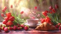 magical breakfast coffee with croissant strawberries and tulips Royalty Free Stock Photo