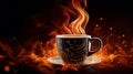 A magical brown cup of coffee with sparkles and fire flames shows abstract real fiery looks on a black background. AI generated.