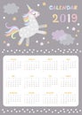 Magical calendar for 2019 year with cute unicorn. Week starts on sunday.
