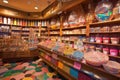 magical candy shop with shelves of colorful treats, whimsical displays, and a sprinkle of magic