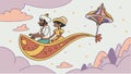 Magical Carpet Ride with Figures, Over Mountains and Clouds, vector design Generative AI Royalty Free Stock Photo