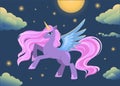 Magical cartoon unicorn pegasus on night sky