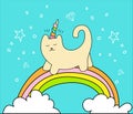 Magical cat on rainbow and two white clouds vector cartoon fun illustration. Unicorn cat with horn and decorative Royalty Free Stock Photo