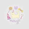 Magical cat vector cartoon fun illustration among curved lines and lollipops, sweets, pizza. Unicorn cat with horn and