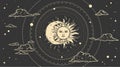 Magical celestial design template for astrology, divination, etc. Hand drawn sun face, crescent moon in retro esoteric style. Royalty Free Stock Photo