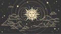 Magical celestial design template for astrology, divination, etc. Hand drawn sun face, crescent moon in retro esoteric style. Royalty Free Stock Photo