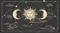 Magical celestial design template for astrology, divination, etc. Hand drawn sun face, crescent moon in retro esoteric style. Royalty Free Stock Photo