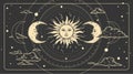 Magical celestial design template for astrology, divination, etc. Hand drawn sun face, crescent moon in retro esoteric style. Royalty Free Stock Photo