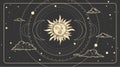 Magical celestial design template for astrology, divination, etc. Hand drawn sun face, crescent moon in retro esoteric style. Royalty Free Stock Photo