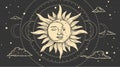 Magical celestial design template for astrology, divination, etc. Hand drawn sun face, crescent moon in retro esoteric style. Royalty Free Stock Photo