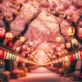 Magical Cherry Blossom Forest Stroll under Paper Lanterns Royalty Free Stock Photo