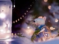 Magical Christmas decorations. A rat in a fur coat and with a Christmas tree in his hands Royalty Free Stock Photo