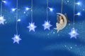 Magical christmas image of little white fairy with glitter wings sitting on the moon over blue background and silver snowflake gar Royalty Free Stock Photo