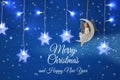 Magical christmas image of little white fairy with glitter wings sitting on the moon over blue background and silver snowflake gar Royalty Free Stock Photo