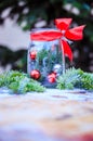 Magical Christmas market: Decoration with Christmas bauble on a wooden desk Royalty Free Stock Photo