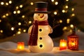 Magical Christmas Night with Cheerful Snowman and Glowing Lanterns. Festive Snowman with Sparkling Lights and Snowfall