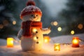 Magical Christmas Night with Cheerful Snowman and Glowing Lanterns. Festive Snowman with Sparkling Lights and Snowfall