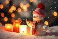 Magical Christmas Night with Cheerful Snowman and Glowing Lanterns. Festive Snowman with Sparkling Lights and Snowfall