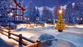 Cozy alpine mountain town at snowy Christmas night