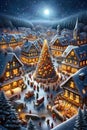 Magical Christmas night in snowy village with Christmas tree