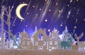 Magical Christmas paper cut winter background landscape with houses, trees, deer and snow in front of night starry sky background. Royalty Free Stock Photo