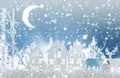 Magical Christmas paper cut winter background landscape with houses, trees, deer and snow in front of night starry sky background. Royalty Free Stock Photo