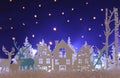 Magical Christmas paper cut winter background landscape with houses, trees, deer and snow in front of night starry sky background. Royalty Free Stock Photo