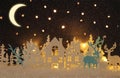 Magical Christmas paper cut winter background landscape with houses, trees, deer and snow in front of night starry sky background.